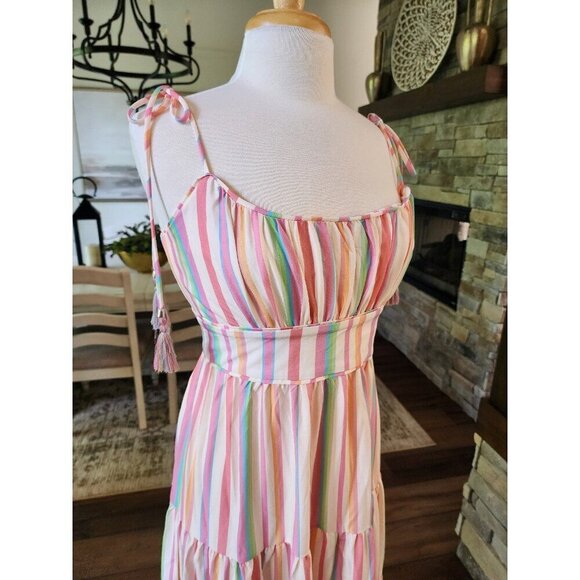 ChicWish Rainbow Pastel Striped Multicolor Maxi‎ with Tassels Dress Boho Size M - Picture 5 of 10